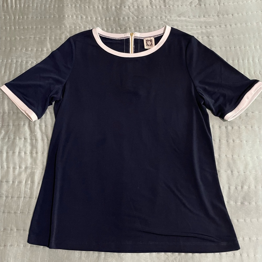Anne Klein Blouse Size Small Navy Blue with White Trim and Outer Back Zipper